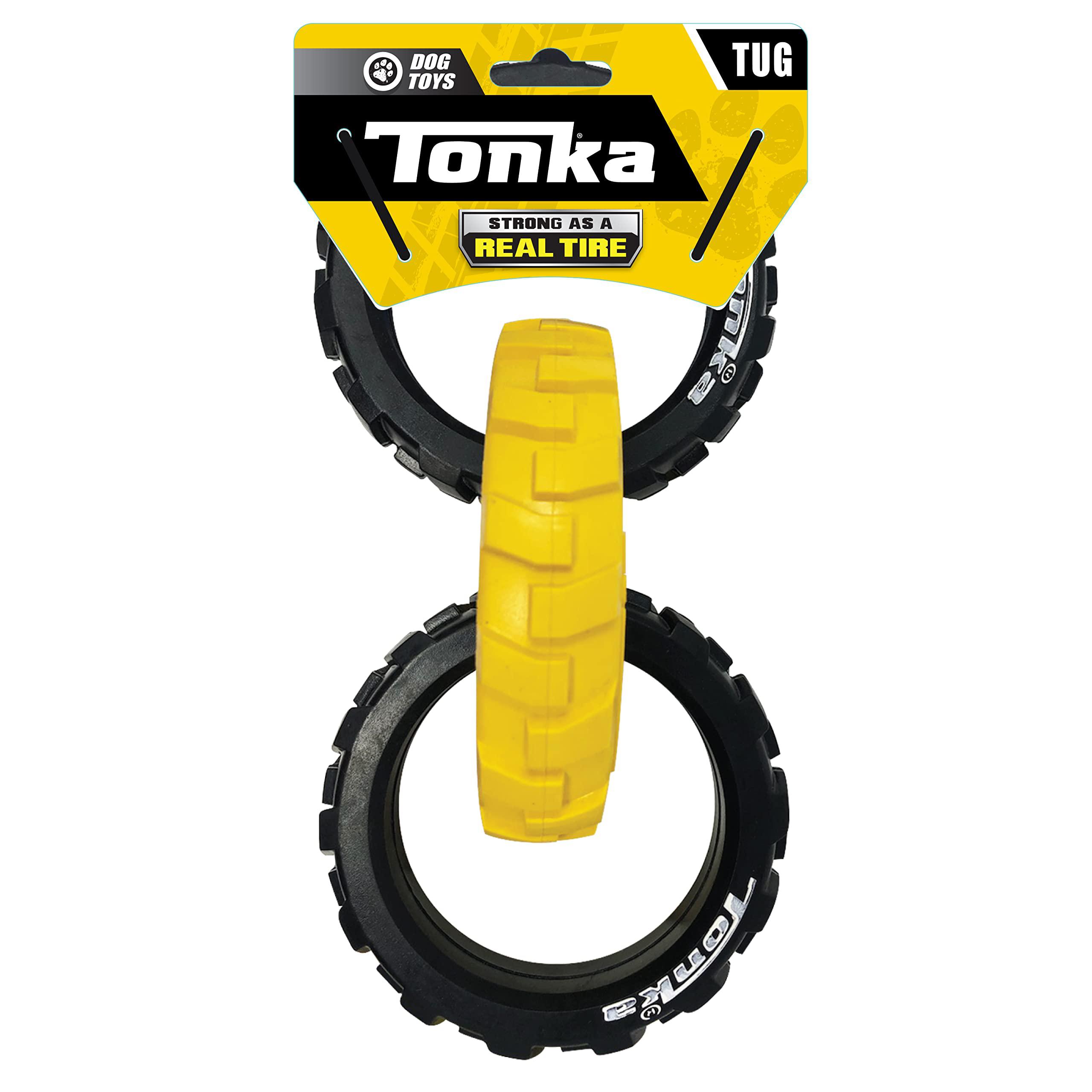 tonka rubber 3-ring tug dog toy, lightweight, durable and water resistant, 10.5 inches, for medium/large breeds, single unit,