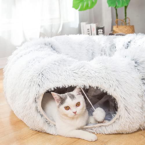 luckitty warm fluffy plush cat dog tunnel bed with washable cushion-big tube playground toys 3 ft diameter longer crinkle col
