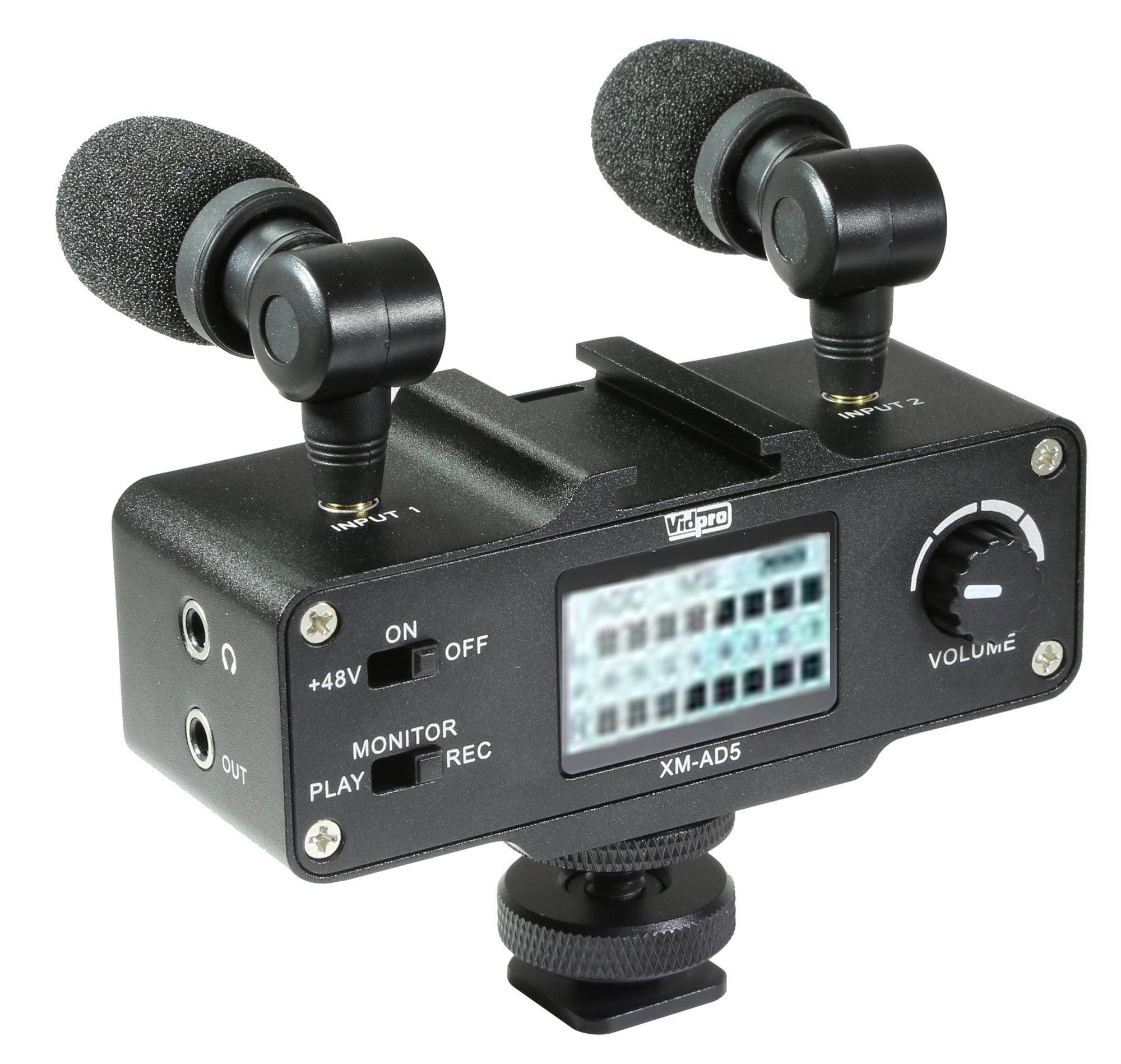 vidpro external microphone, compatible with vivitar xvn-1 camcorder xm-ad5 mini pre-amp smart mixer with dual condenser micro