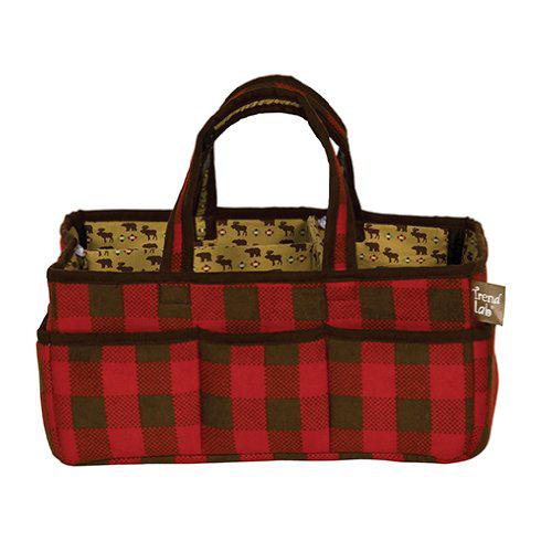 Trend Lab northwoods storage caddy - buffalo check body and handles, northwoods animals scatter print lining, solid trim, red, brown an