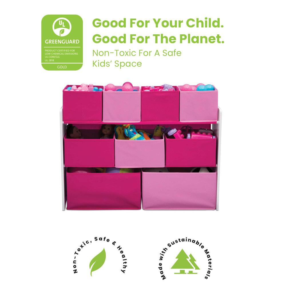 delta children deluxe multi-bin toy organizer with storage bins - greenguard gold certified, white/pink bins