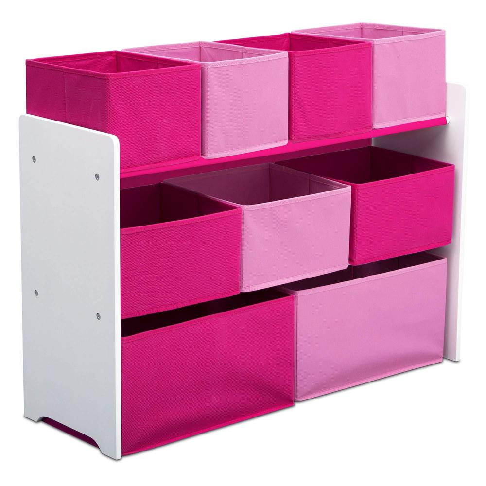 delta children deluxe multi-bin toy organizer with storage bins - greenguard gold certified, white/pink bins