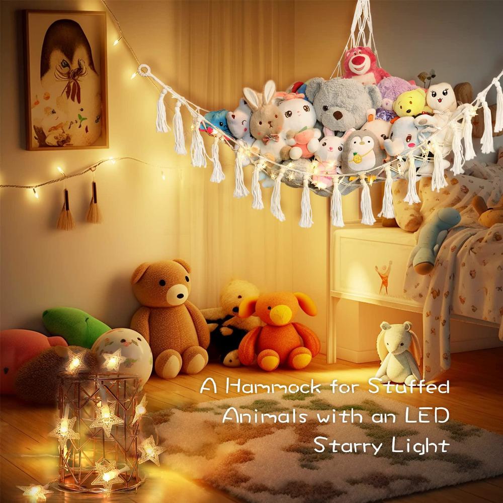 eltnegsa boho stuffed animal hammock with led light?stuffed animal storage for girls room decor and nursery decor,stuffed ani