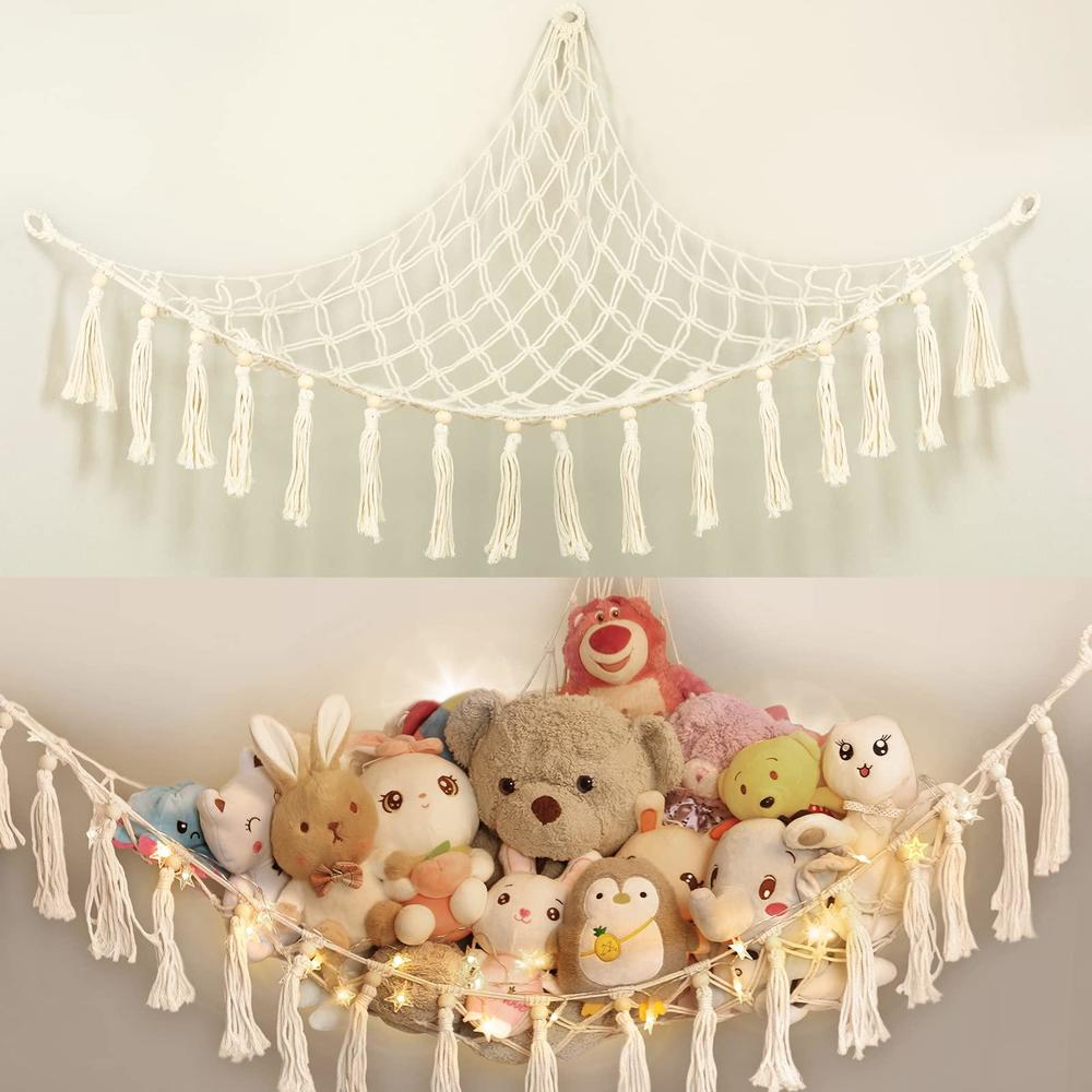 eltnegsa boho stuffed animal hammock with led light?stuffed animal storage for girls room decor and nursery decor,stuffed ani