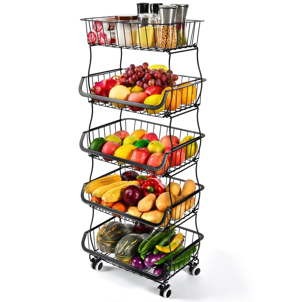 mchoter fruit vegetable storage basket, 5 tier stackable metal wire storage baskets with wheels, fruit vegetable produce bask