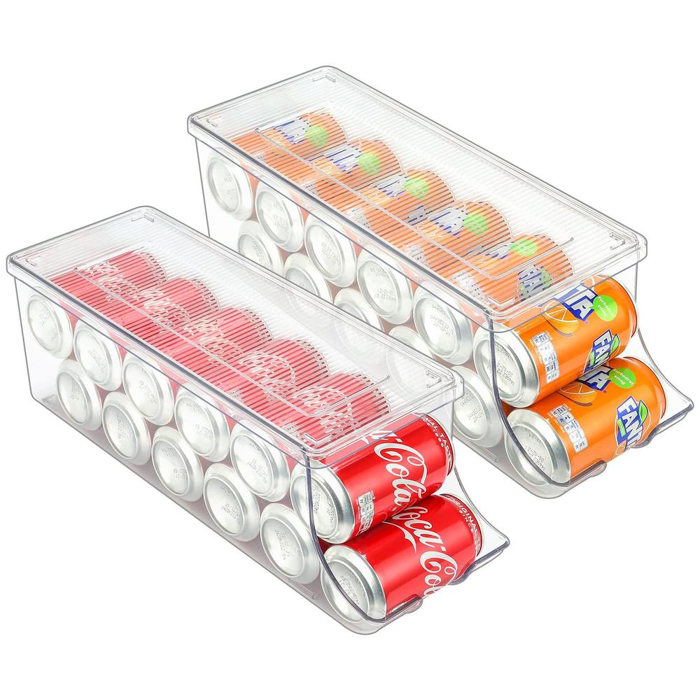 puricon 2 pack soda can organizer dispenser for refrigerator, clear plastic canned food pop beverage container holder storage