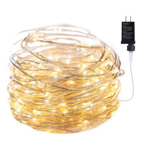 minetom fairy lights plug in, 33ft 100 leds waterproof silver wire firefly lights, ul adaptor included, starry string lights 
