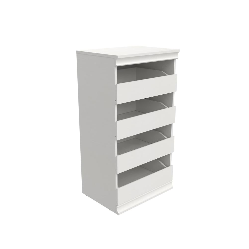 closetmaid modular storage unit with 4 drawers, wood closet organizer, stacking, full backer, storage, decorative trim, white