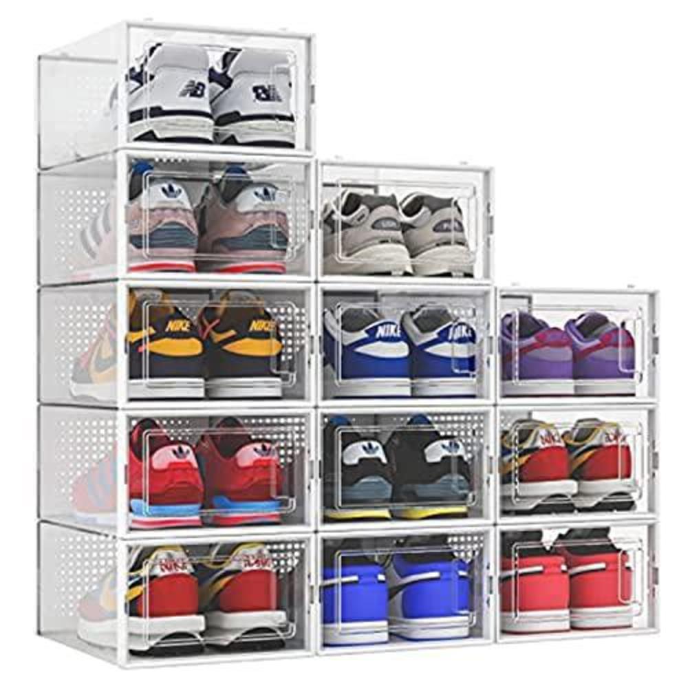 seseno. 12 pack shoe storage boxes, clear plastic stackable shoe organizer bins, drawer type front opening shoe holder contai