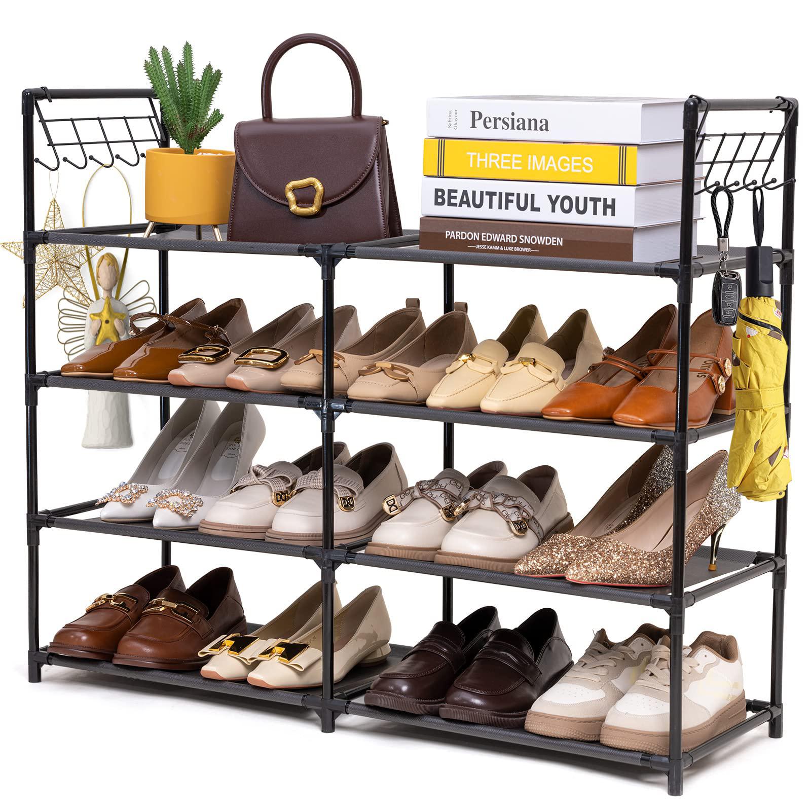 elechotfly shoe rack, 16-20 pairs shoe storage organizer, 4 tiers shoe  stand, easy assembly stackable sturdy shoe tower with