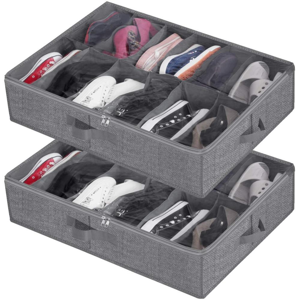 Homyfort under bed shoe storage organizer,closet shoes storage boxes bin container (2 pack fits 24 pairs) with clear cover and reinfor