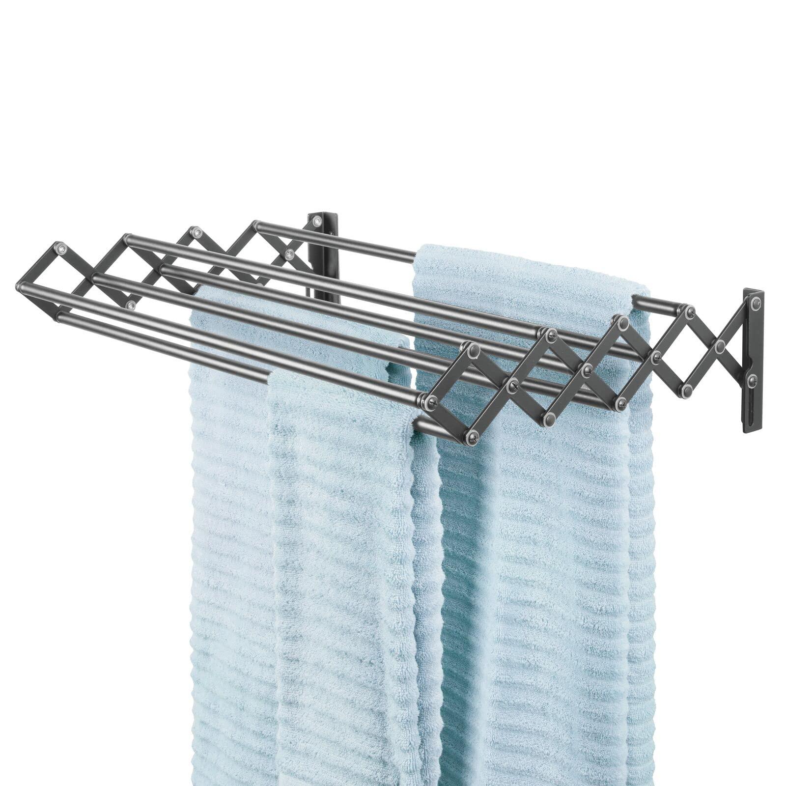 mdesign steel wall mount accordion expandable retractable clothes air drying rack - 8 bars for hanging garments - organizer f