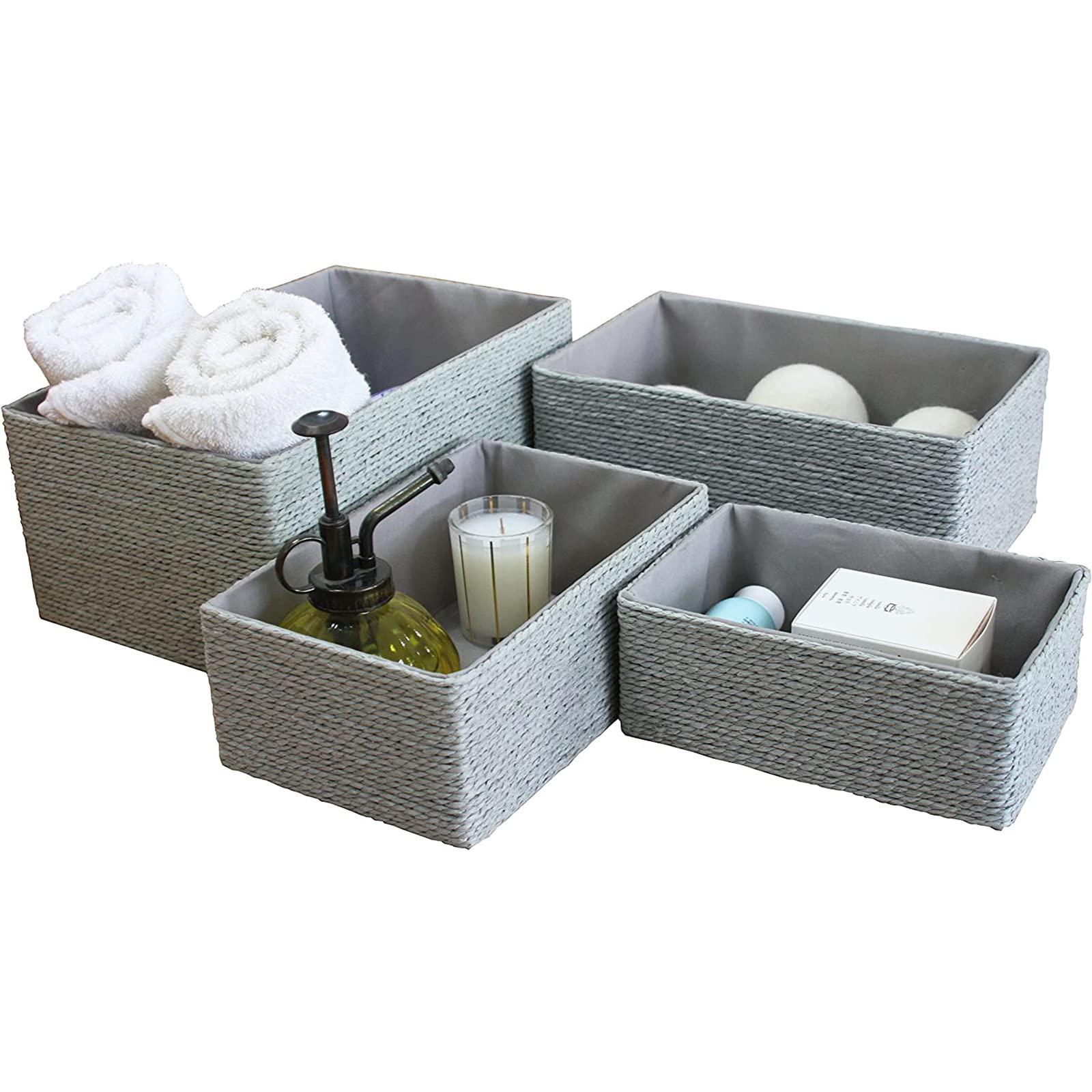 la jolie muse storage baskets set 4 - stackable woven basket paper rope bin, storage boxes for makeup closet bathroom bedroom