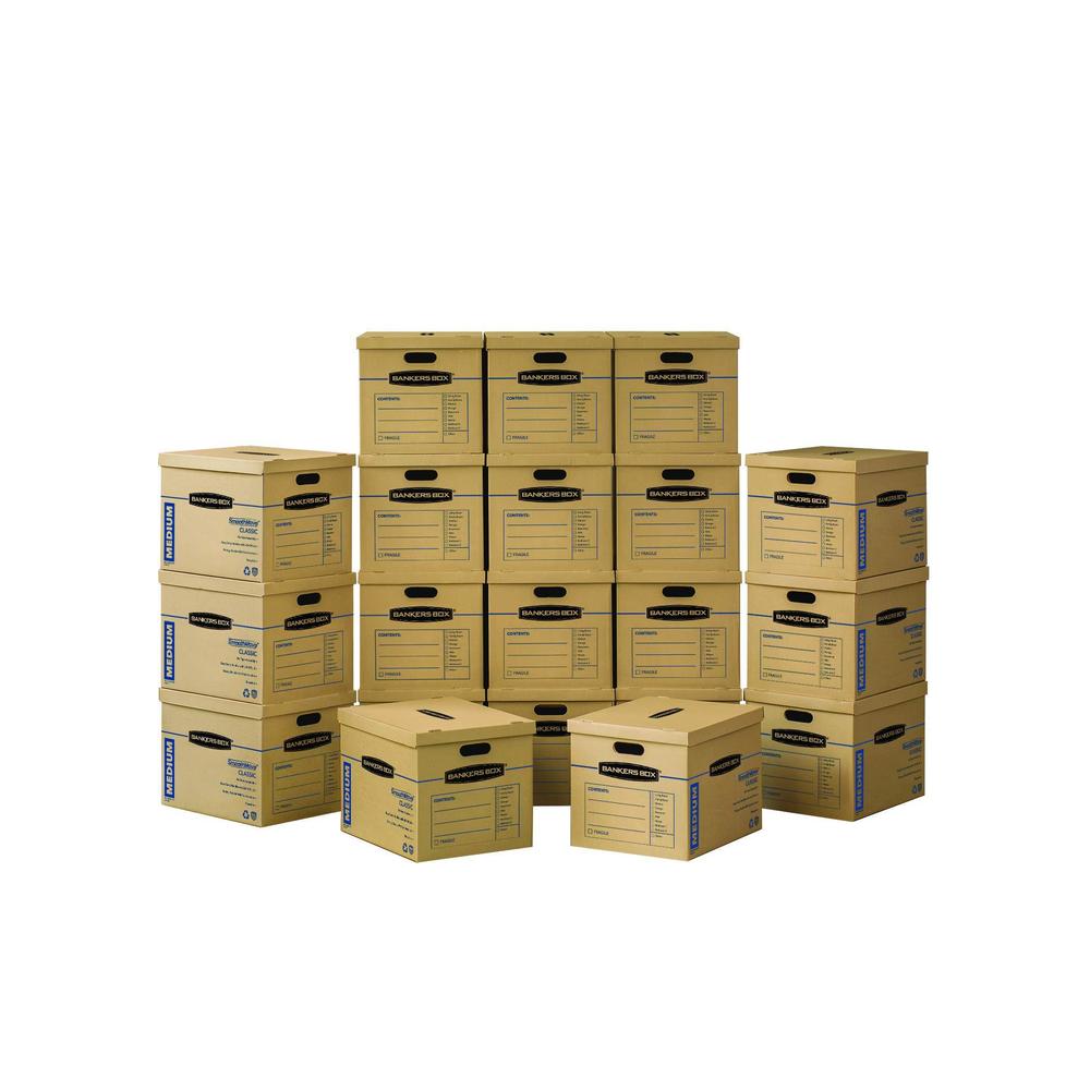 bankers box smoothmove classic moving boxes, tape-free assembly, easy carry handles, medium, 18 x 15 x 14 inches, 20 pack (88