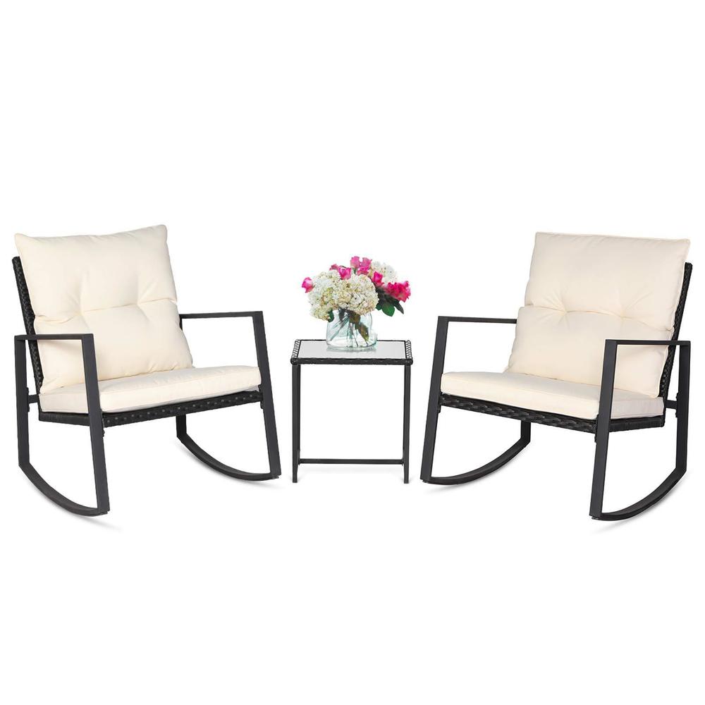 suncrown 3 piece outdoor rocking bistro set black wicker furniture porch chairs conversation sets with glass coffee table, be