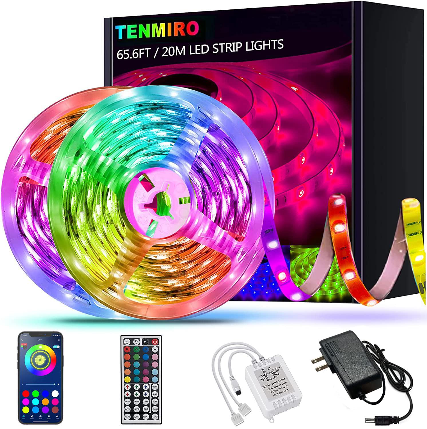 tenmiro 65.6ft led strip lights, ultra long rgb 5050 color changing led light strips kit with 44 keys ir remote led lights fo