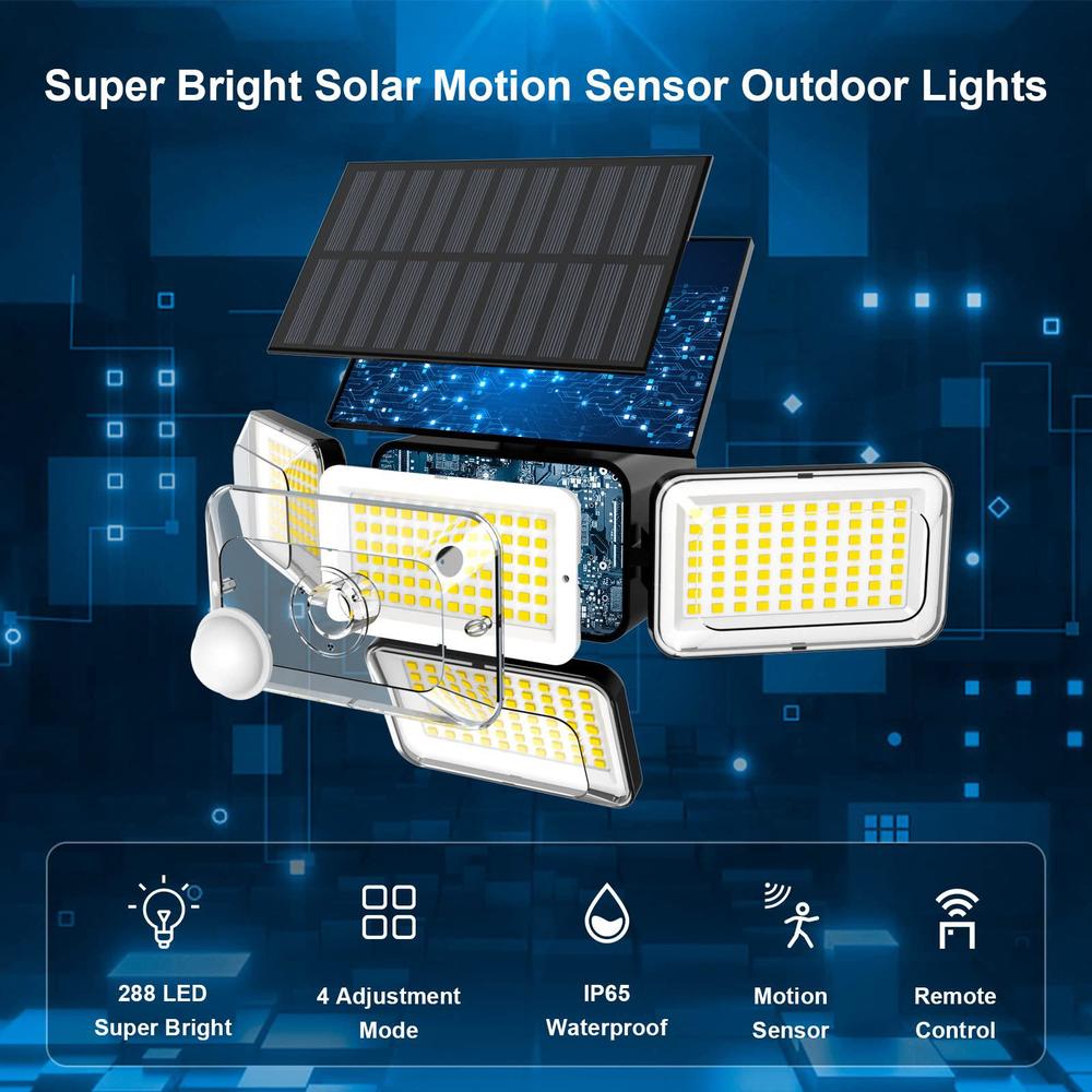 mokot solar outdoor lights, 288 led ip65 waterproof motion sensor outdoor lights with remote control, 4 heads solar flood wal