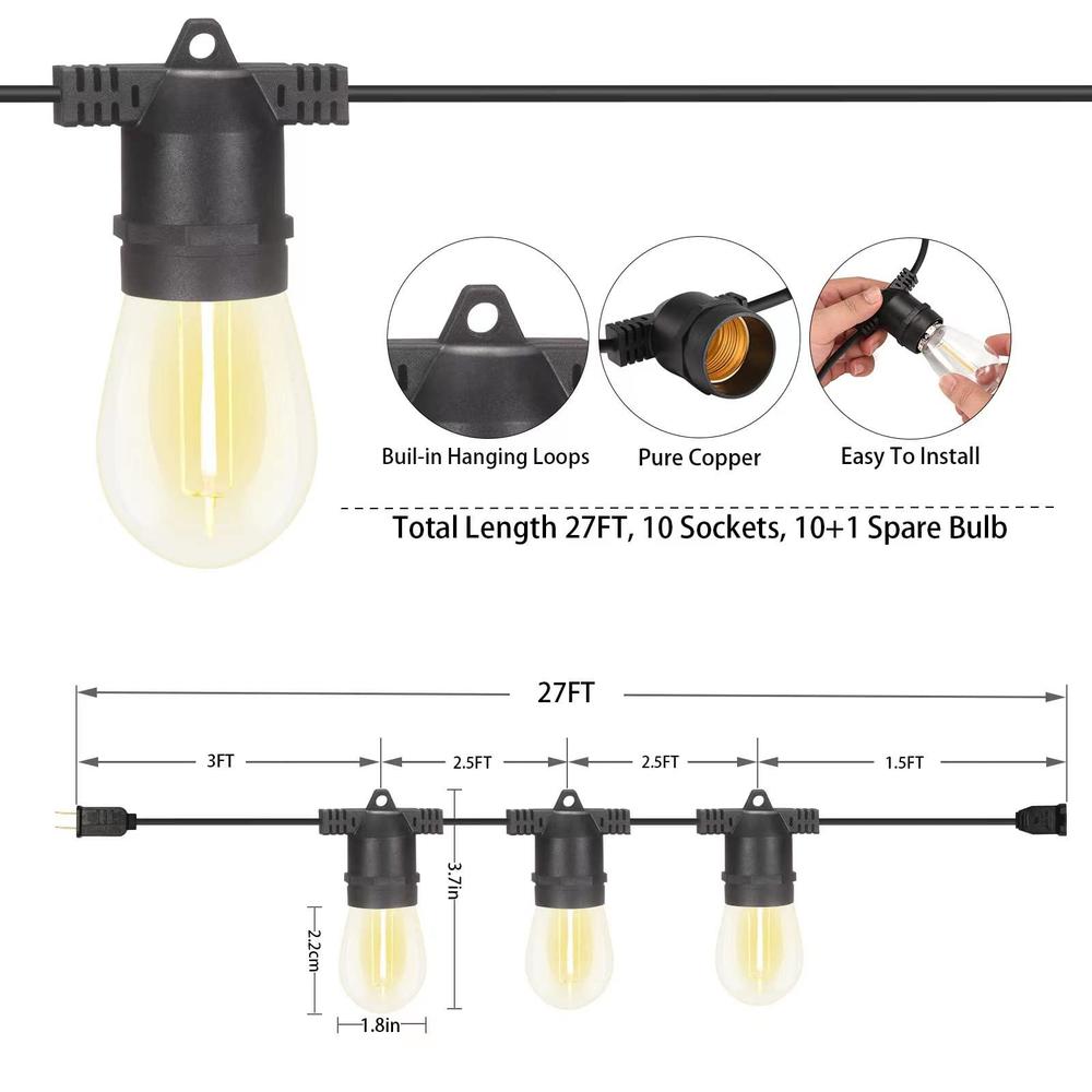 alitade s14 led outdoor string lights, shatterproof ip65 27ft (maximum 918ft) outdoor lights for patio lights outdoor waterpr