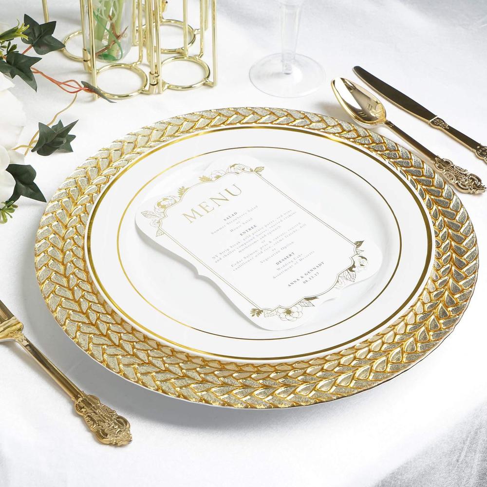 Pamela Leigh 8 pack 13" glass charger plates reusable charger plates with silver and gold braided rim for catering events, wedding party r