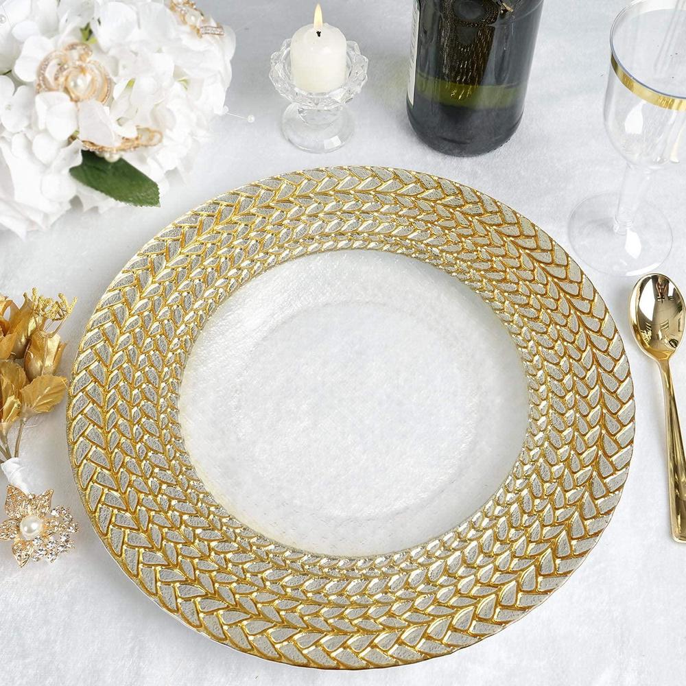 Pamela Leigh 8 pack 13" glass charger plates reusable charger plates with silver and gold braided rim for catering events, wedding party r