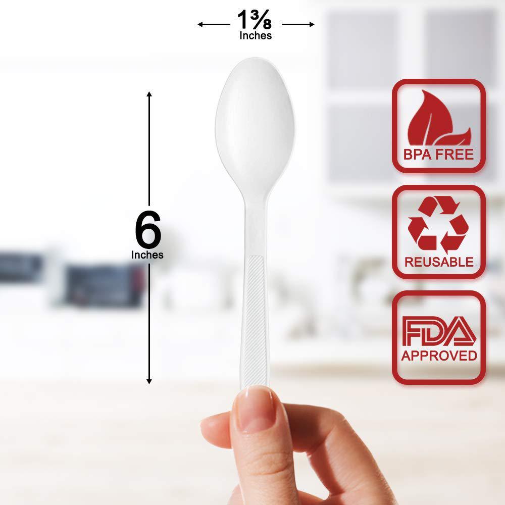 BluShine 400 pack extra heavyweight disposable white plastic tea spoons- heavy duty white cutlery-utensils, parties, dinners, catering