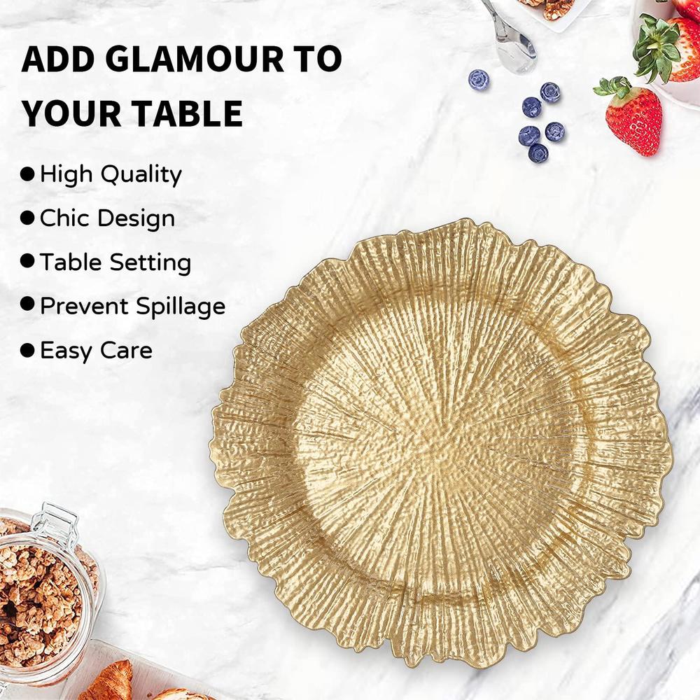 maoname round 13" gold charger plates, set of 6, plastic reef plate chargers for dinner plates, wedding, elegant dcor place s