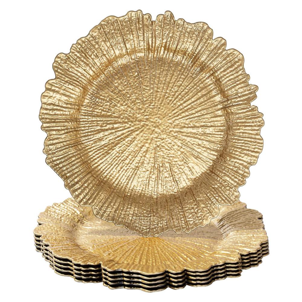 maoname round 13" gold charger plates, set of 6, plastic reef plate chargers for dinner plates, wedding, elegant dcor place s