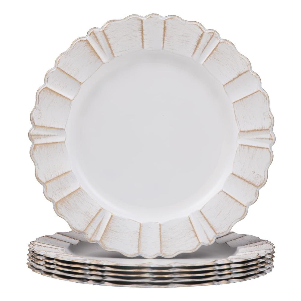 maoname 13" white charger plates, antique plate chargers with wipe gold waved scalloped rim, plastic chargers for table setti