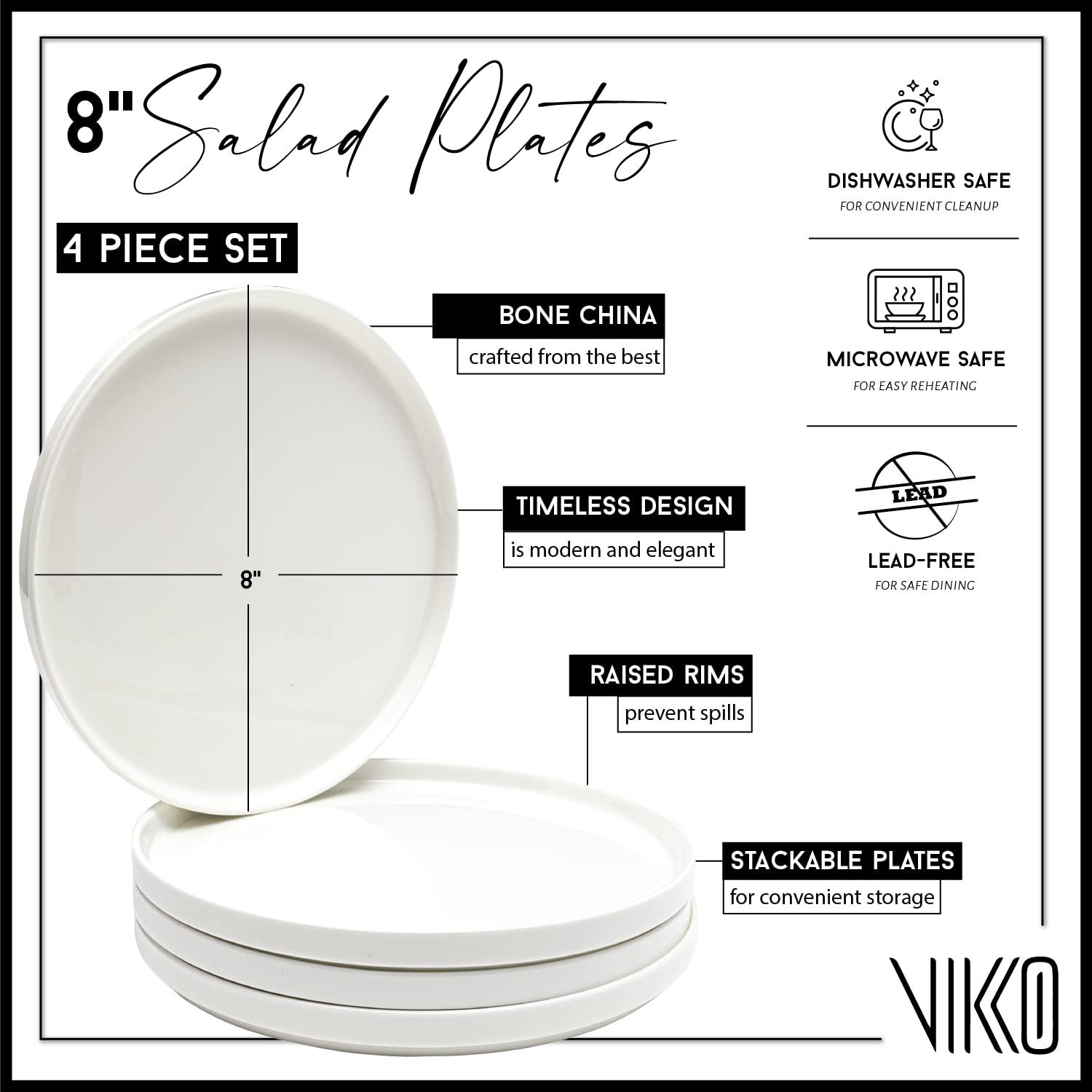 vikko salad plate, set of 4 white plates, dessert, salad, appetizer plate, fine bone china, stackable 8 inch dessert plates, 