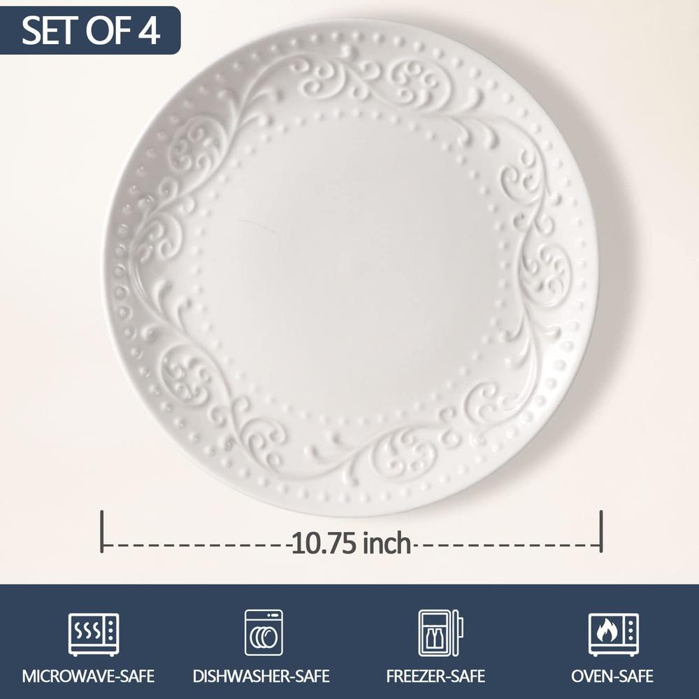 artena ceramic dinner plates set of 4, 10.75 inch embossed white kitchen plates for salad, dessert, appetizer, steak, serving