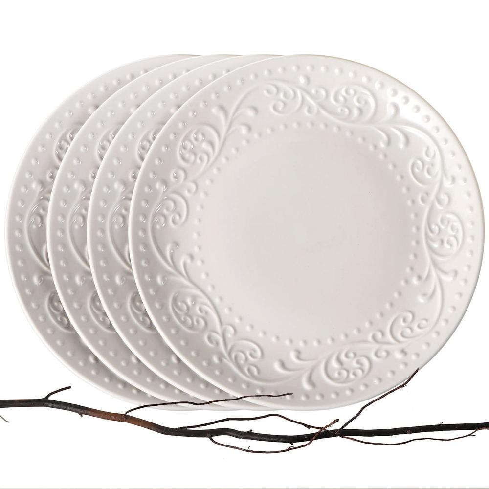 artena ceramic dinner plates set of 4, 10.75 inch embossed white kitchen plates for salad, dessert, appetizer, steak, serving