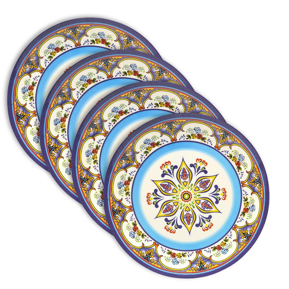 big horn 9 inch zanzibar dinnerware melamine plates, spanish floral design (multicolor spanish floral) - 4 pcs/set