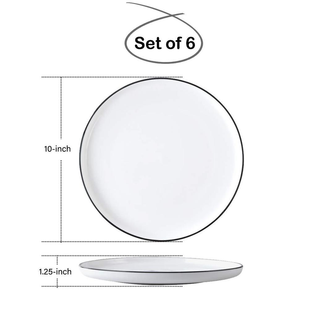 bonnoces 10 inch porcelain dinner plates, elegant white with black edges design, classic round serving plates set for steak, 