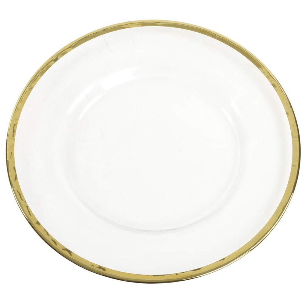 koyal wholesale bulk clear glass gold rim charger plates, set of 4, glass charger with gold rim, glass hammered charger plate
