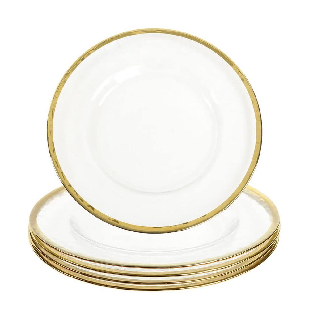 koyal wholesale bulk clear glass gold rim charger plates, set of 4, glass charger with gold rim, glass hammered charger plate