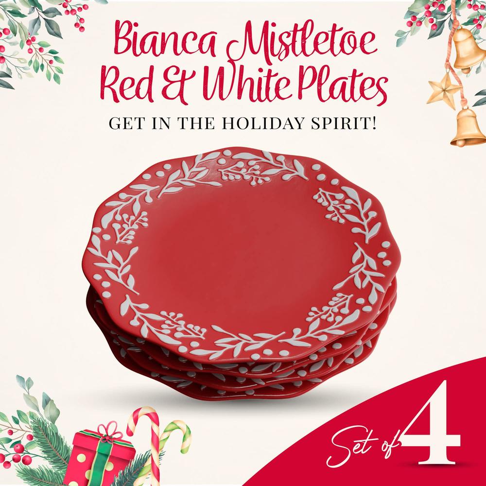 american atelier bianca mistletoe plates | set of 4 | holiday themed dishes | dinner and salad plates | made of ceramic | 10-