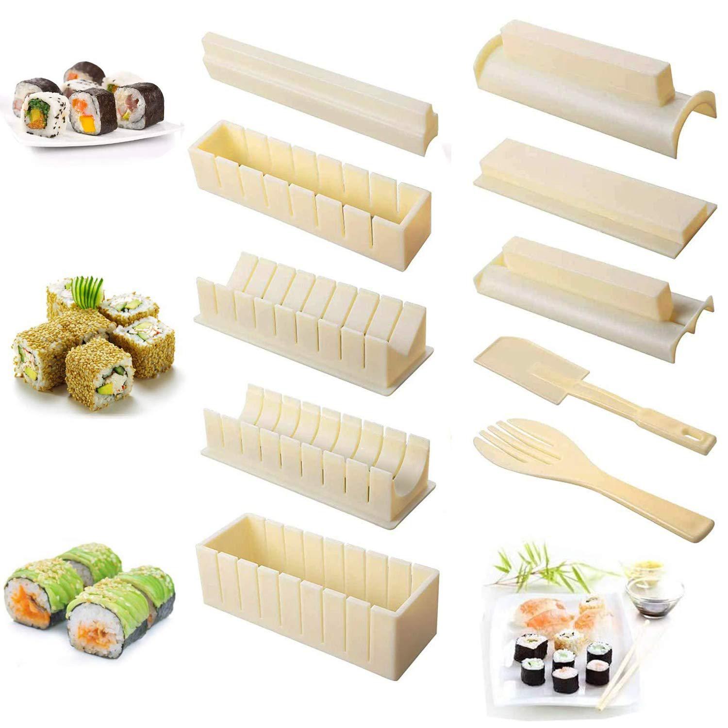 Hompon hompon sushi making kit - diy sushi maker tool complete with 8 sushi  rice roll mold fork spatula/easy and fun/beige