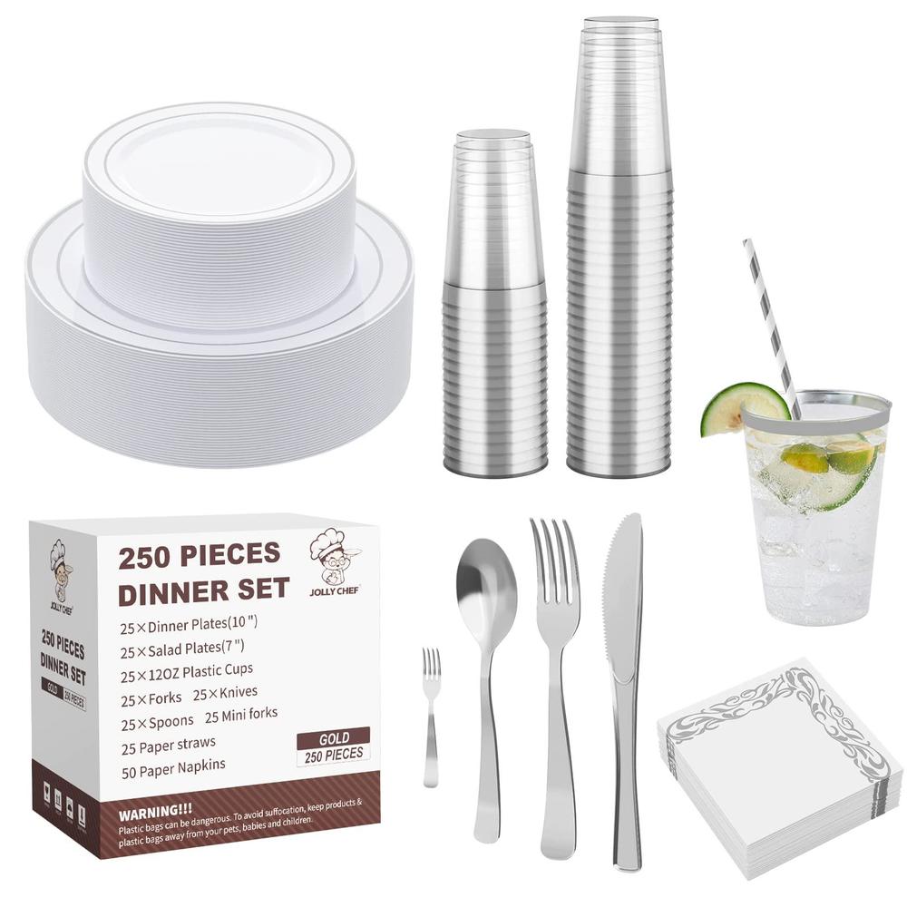 jolly chef 250 count disposable silver plastic tableware set - 50 silver plastic plates 25 plastic silverware - 25 cups and s