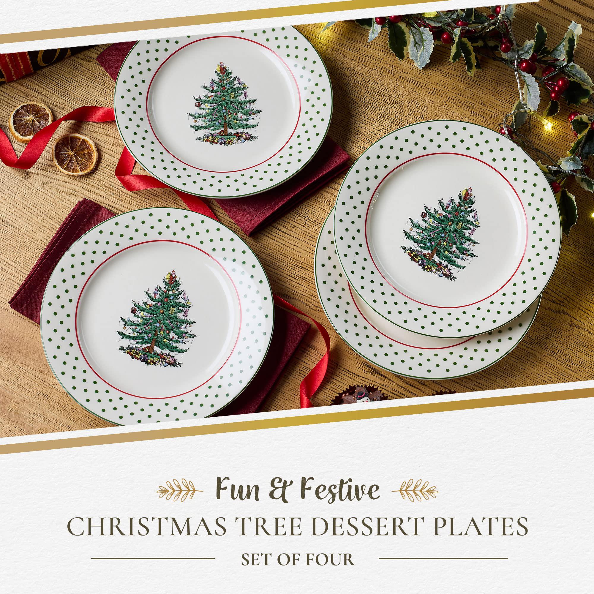 Portmeirion spode christmas tree collection dessert plates, set of 4, polka dot design, use for dessert, appetizers, or salad, measures a