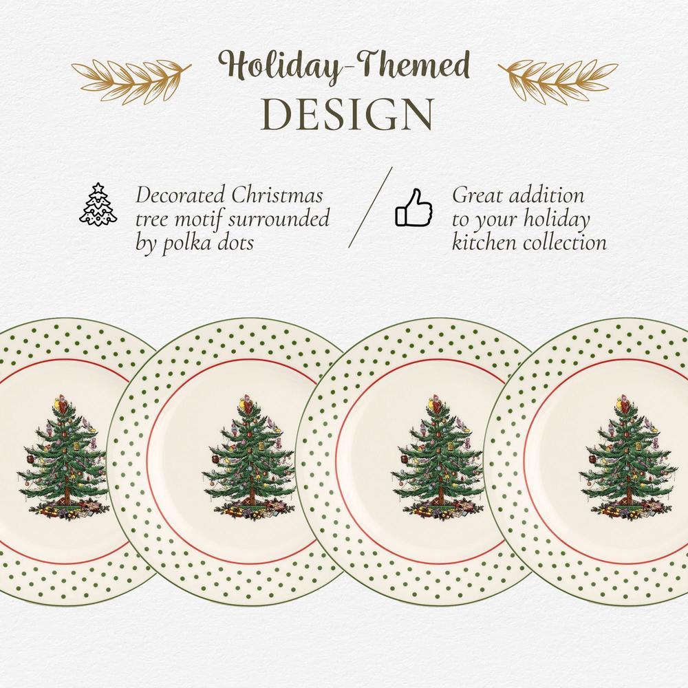 Portmeirion spode christmas tree collection dessert plates, set of 4, polka dot design, use for dessert, appetizers, or salad, measures a
