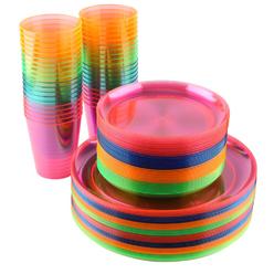 World of Nature disposable neon party essentials- plates + cups set| 40 pack| assorted neon colors, plastic party serving supplies for snacks