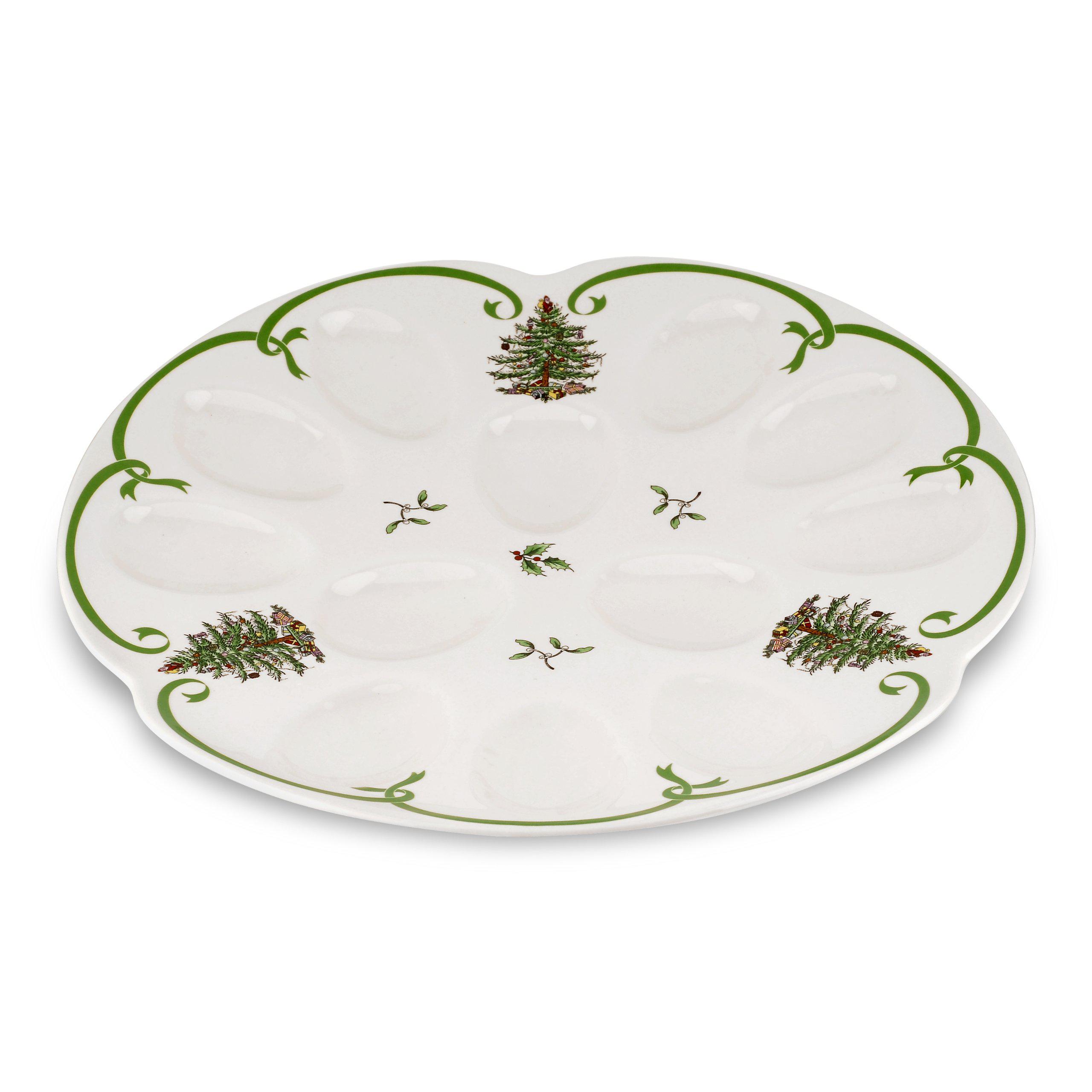 spode christmas tree deviled egg plate | 13 inch egg serving platter with christmas tree and mistletoe motif | made from fine
