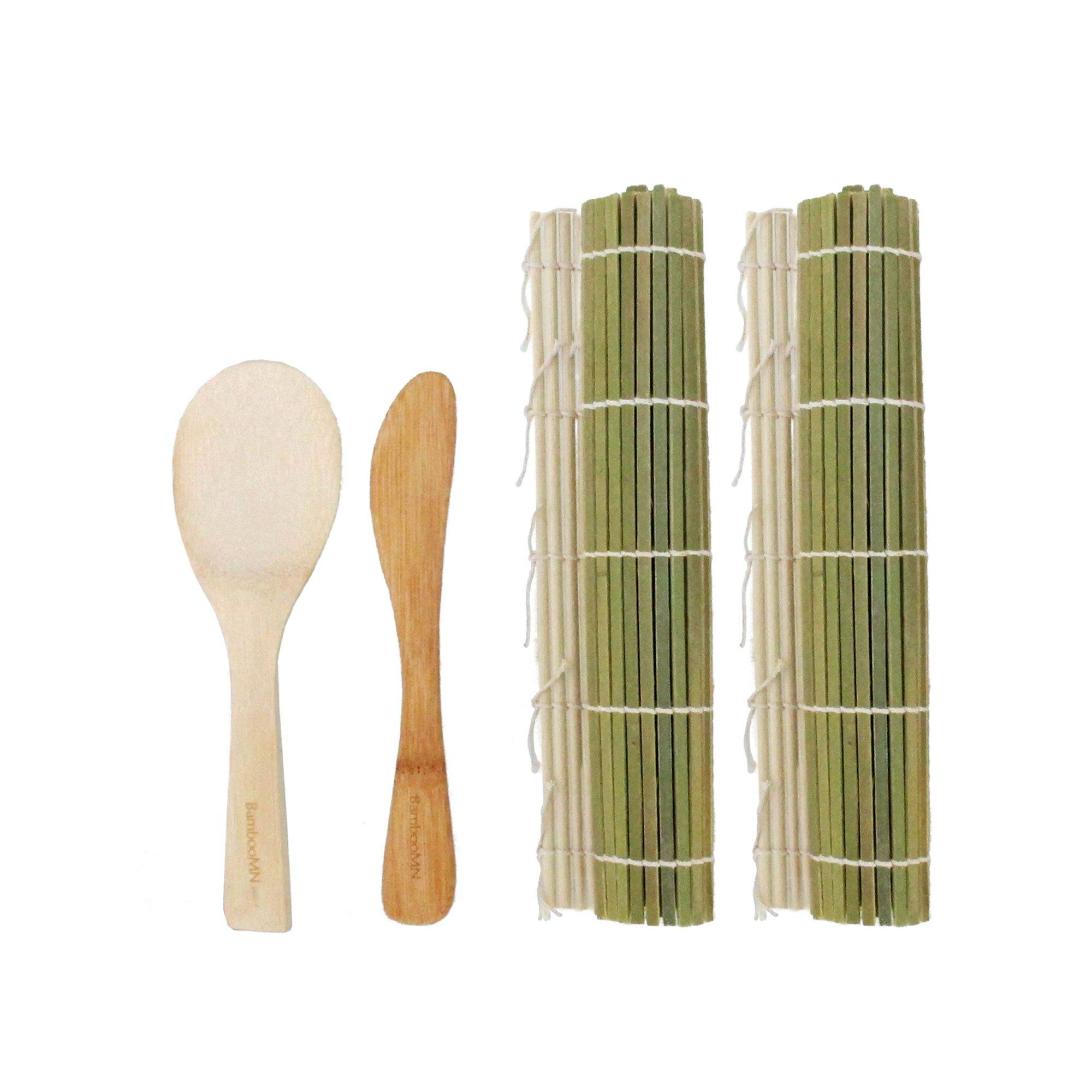 bamboomn sushi making kit 2x green bamboo rolling mats, 1x rice paddle, 1x spreader | 100% bamboo mats and utensils