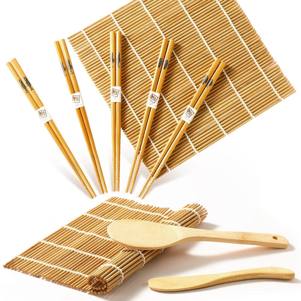 Delamu sushi making kit, delamu bamboo sushi mat, including 2 sushi rolling mats, 5 pairs of chopsticks, 1 paddle, 1 spreader, 1 beg