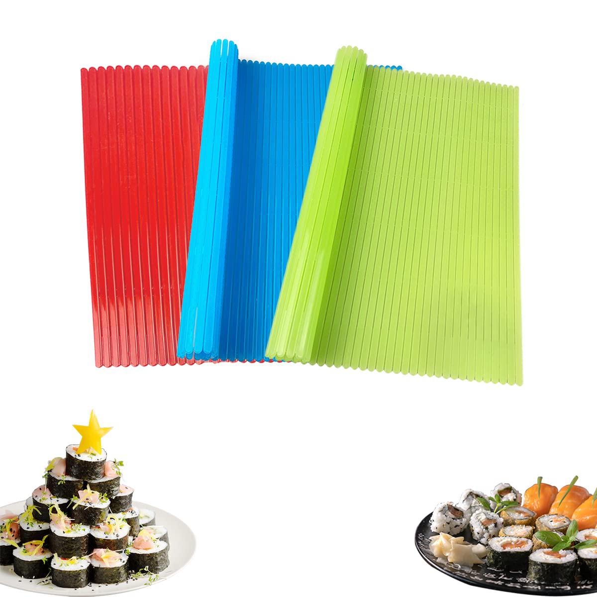 Esamploe 3 Pcs Sushi Rolling Mat,8.27in x 9.06in Sushi Mat Plastic,Non-Stick Sushi Making Mat,Red, Green and Blue Sushi Mats,Durable Sushi Mat