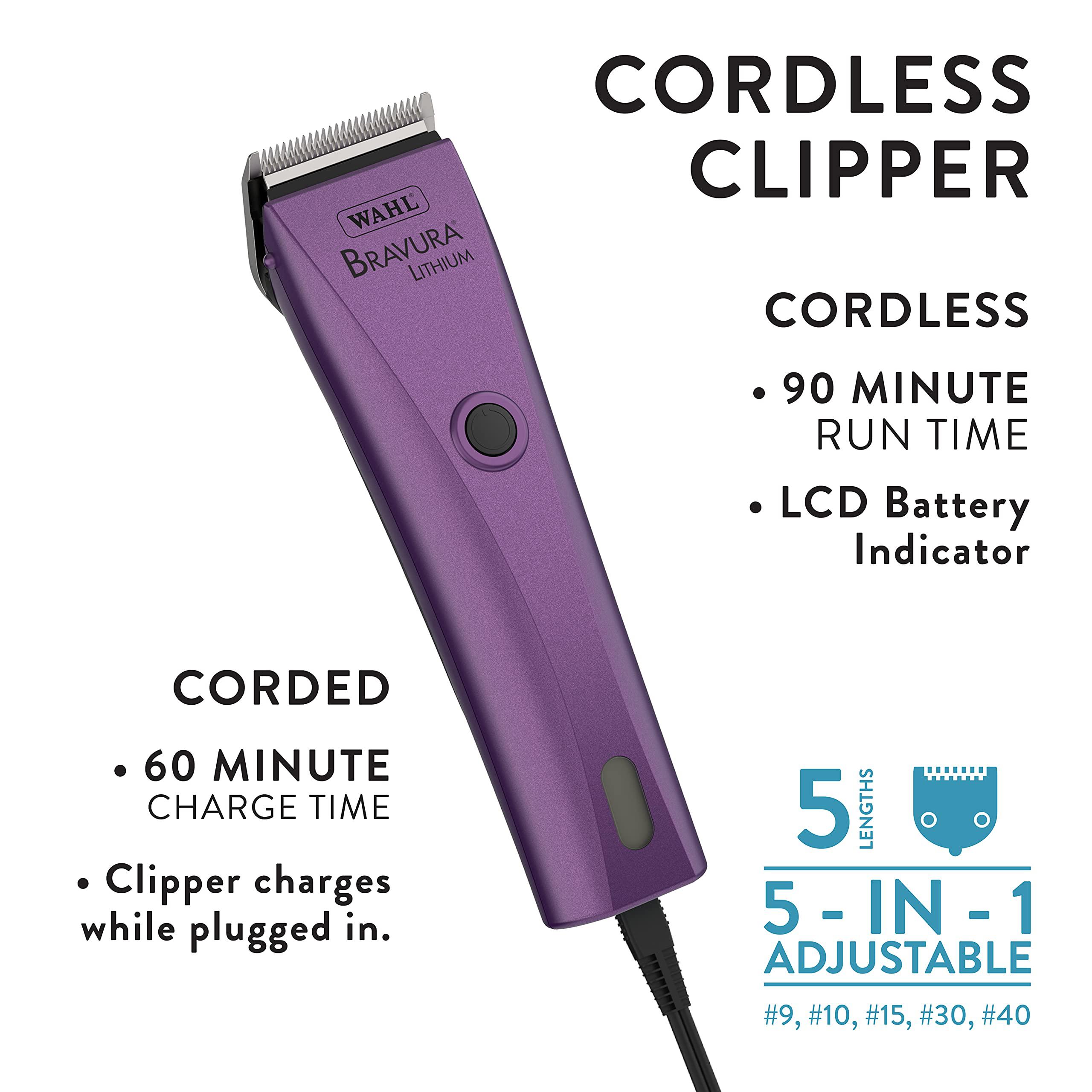 wahl professional animal bravura lithium ion clipper - pet, dog, cat, and horse corded/cordless clipper kit, purple (41870-04