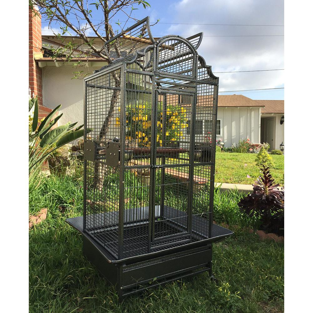 Mcage large elegant wrought iron open dome play top bird parrot cage, include large front door and small pull down door, metal seed