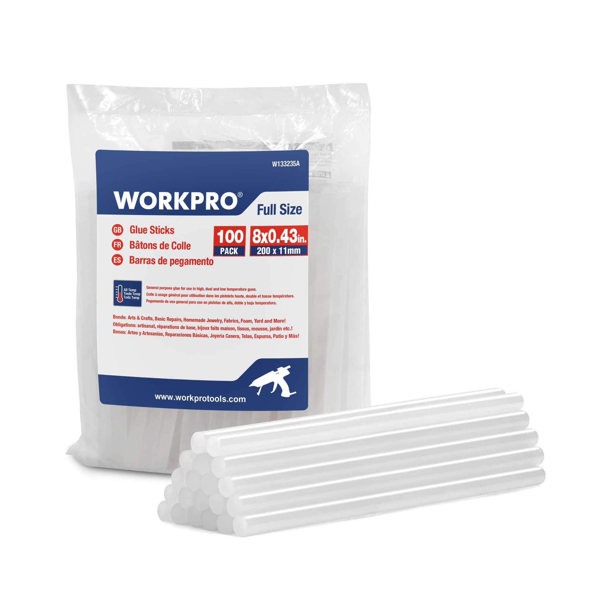workpro full size hot glue sticks, 100-pack, 0.43x8 inches, compatible with most glue guns, multipurpose for diy art craft ge