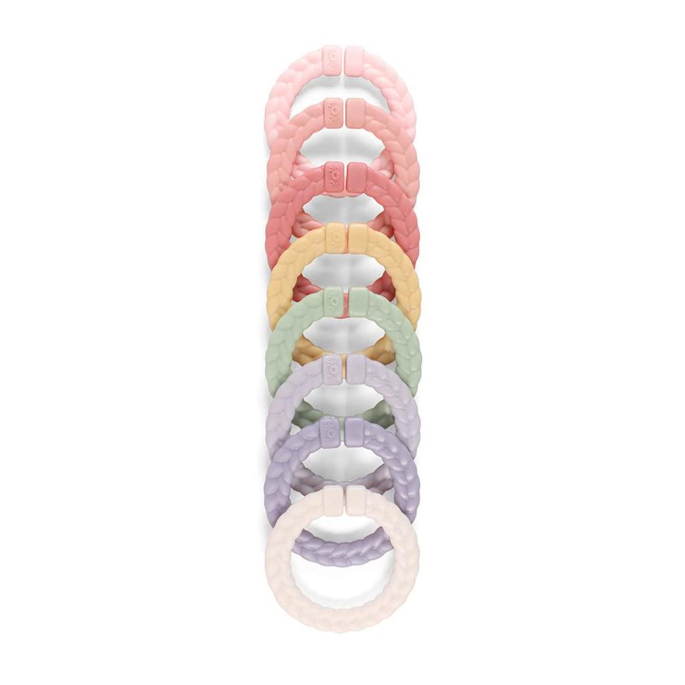 itzy ritzy linking ring set; set of 8 braided, multi-colored versatile linking rings; attach to car seats, strollers & activi