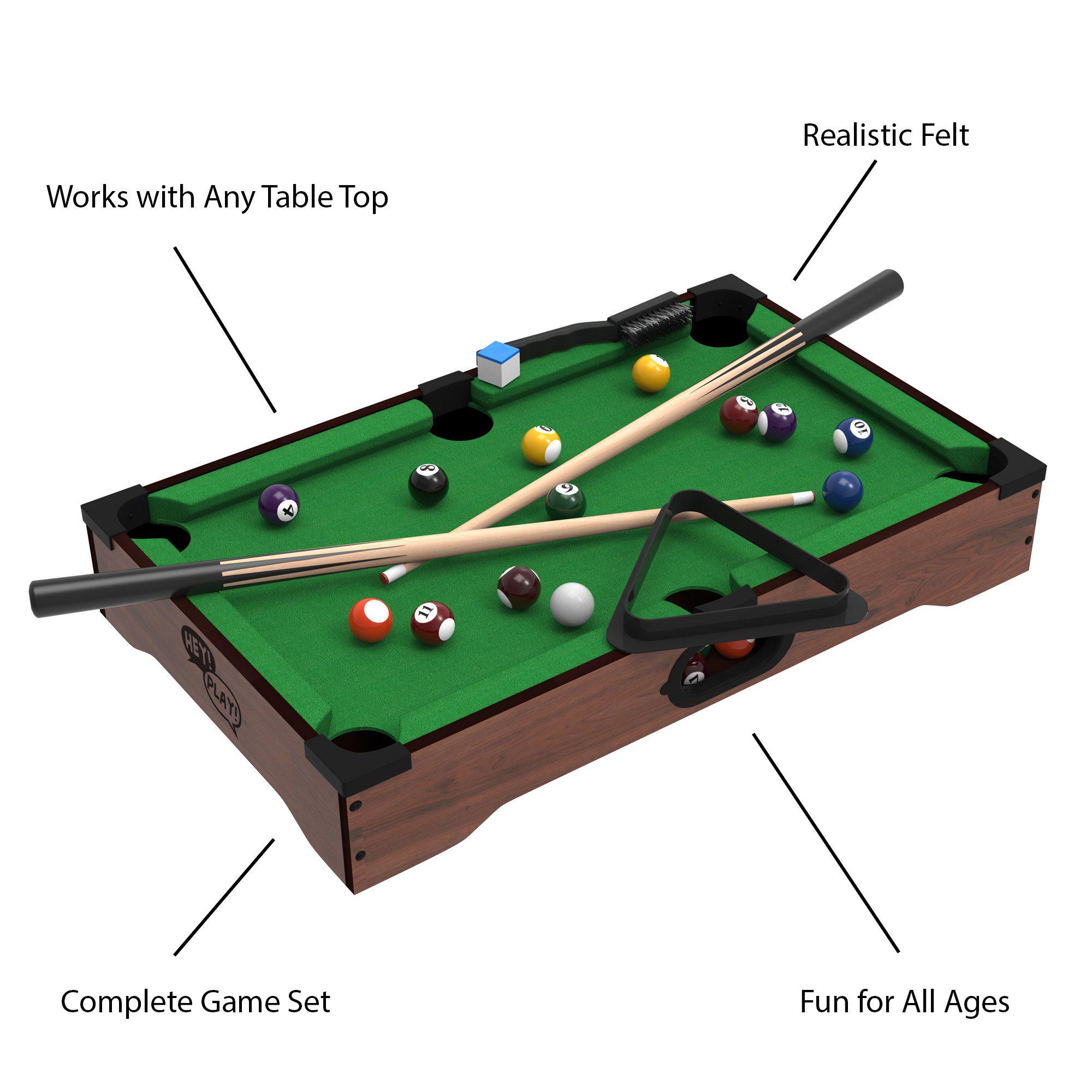 hey! play! mini tabletop pool set- billiards game includes game balls, sticks, chalk, brush and triangle-portable and fun for